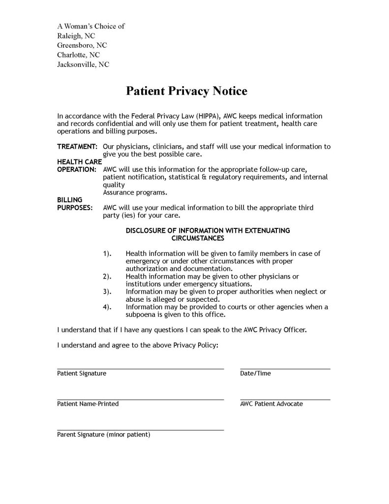 Patient Privacy Notice A Woman's Choice Abortion Clinic North Carolina